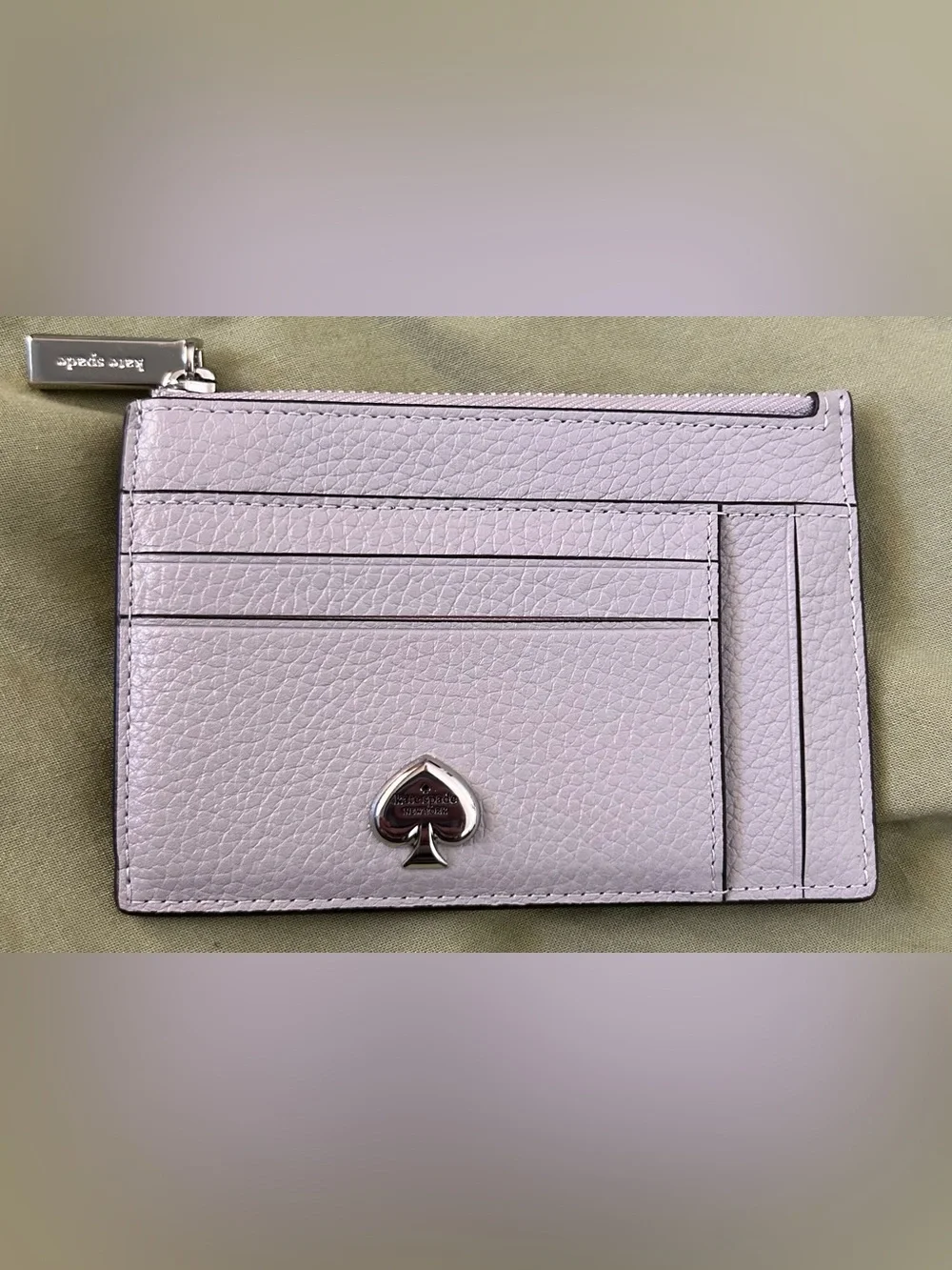 kate spade light grey Pebbled Leather Card Wallet with Silver Spade